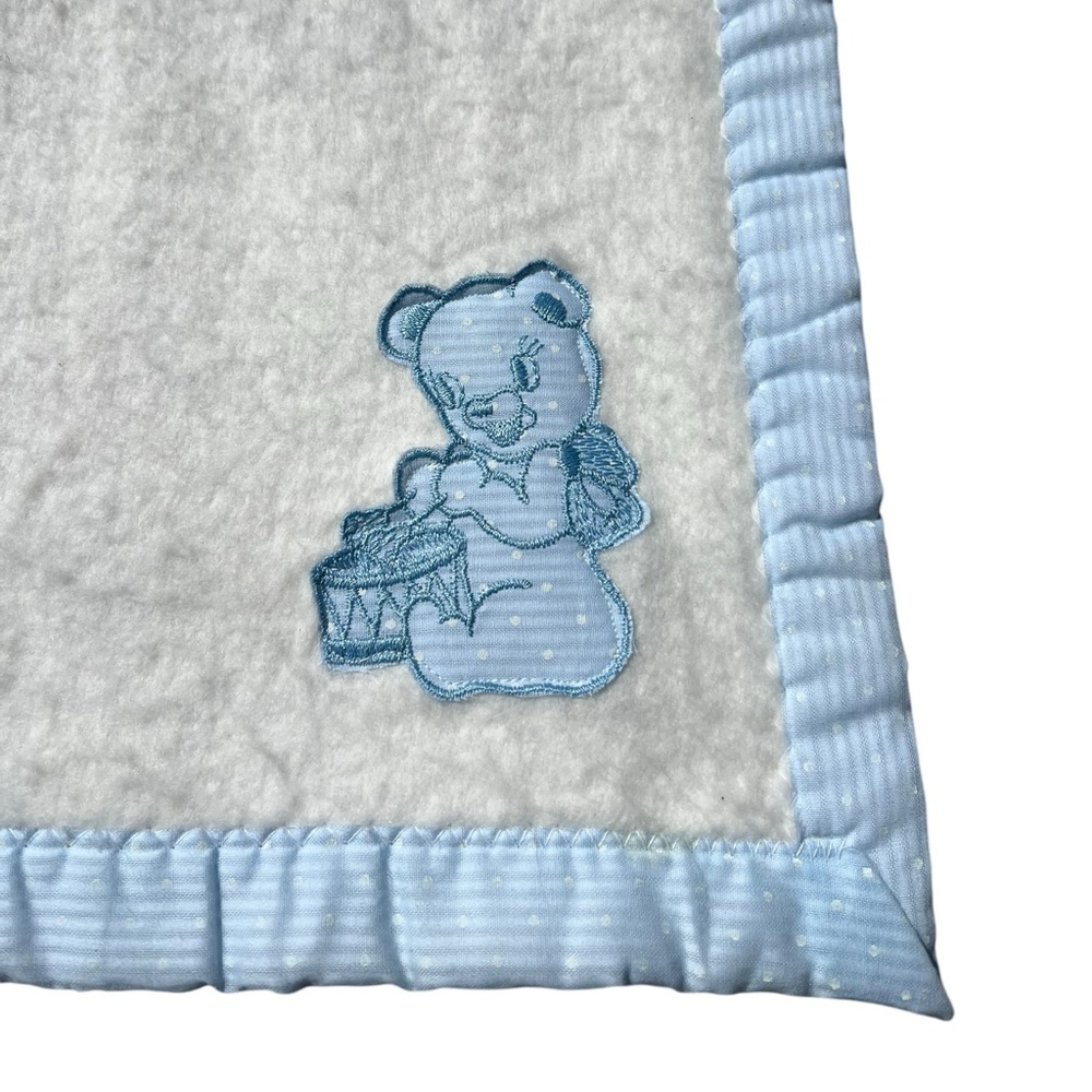 VTG Baby Blanket Blue Teddy Bear Drums Drummer Made‎ in USA 45.5 x 36” 1960s 70s